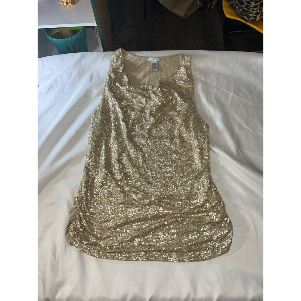 Vintage Cache Womens Tank Top Size XL Metallic Shimmer Gold Y2K Festival Sexy243